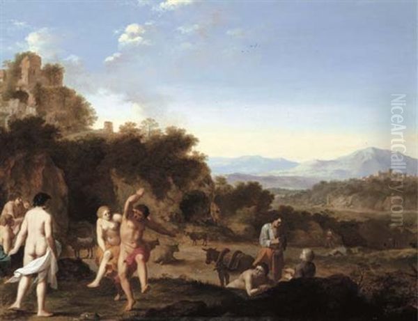 Figures Dancing Before Ruins In A Mediterranean Landscape Oil Painting by Cornelis Van Poelenburgh