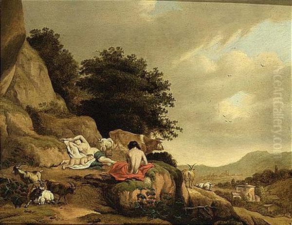 An Arcadian Landscape With A Nymph And A Shepherd Resting Together With Goats And A Cow Oil Painting by Cornelis Van Poelenburgh