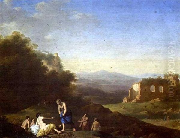 Badende In Sudlicher Ruinenlandschaft Oil Painting by Cornelis Van Poelenburgh