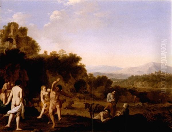 A Southern Landscape With Figures Dancing Before A Set Of Ruins, A Town Beyond Oil Painting by Cornelis Van Poelenburgh