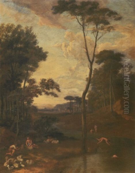 Shepherds Bathing In A River Landscape Oil Painting by Cornelis Van Poelenburgh