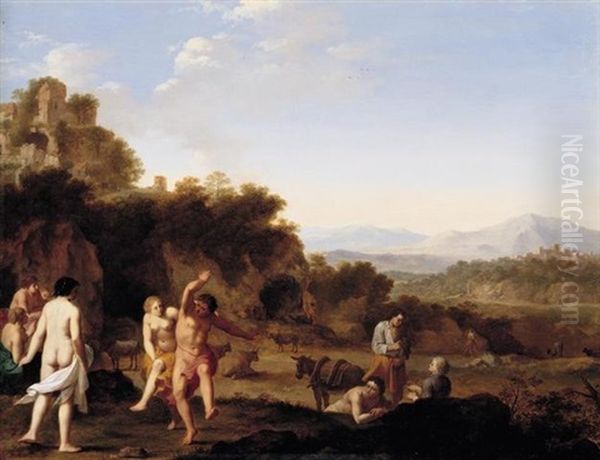 A Southern Landscape With Figures Dancing Before A Set Of Ruins, A Town Beyond Oil Painting by Cornelis Van Poelenburgh