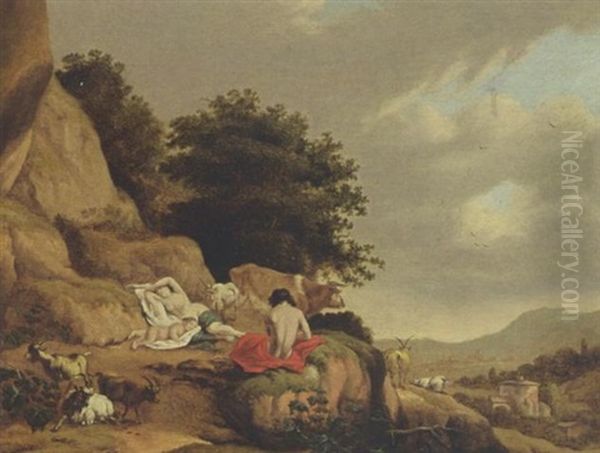 An Arcadian Landscape With A Nymph And A Shepherd Resting, With Goats And A Cow, A Village In The Distance Oil Painting by Cornelis Van Poelenburgh