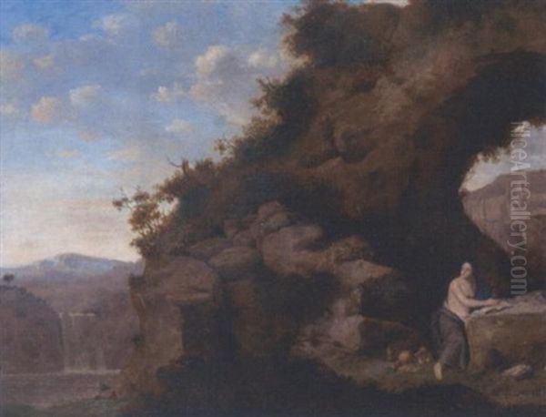 A Rocky River Landscape With A Natural Arch And The Penitent Magdalen Oil Painting by Cornelis Van Poelenburgh