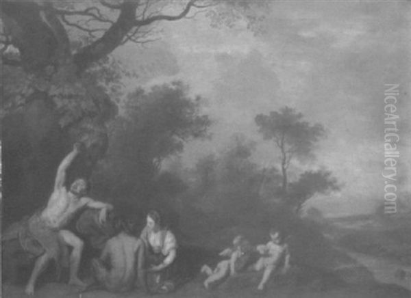 Bacchus In A Landscape With A Satyr And Putti Oil Painting by Cornelis Van Poelenburgh