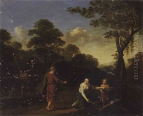 A Wooded Landscape With Figures Preparing A Wood Fire Oil Painting by Cornelis Van Poelenburgh