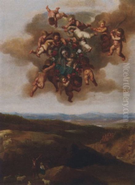 Putti Bearing Aloft An Image Of The Virgin And Child, A Landscape With Shepherds Below Oil Painting by Cornelis Van Poelenburgh