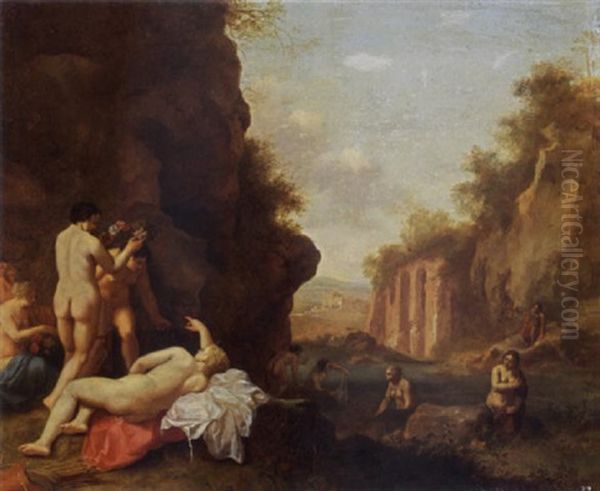 Nymphs Bathing In A Classical Landscape Near A Grotto Oil Painting by Cornelis Van Poelenburgh