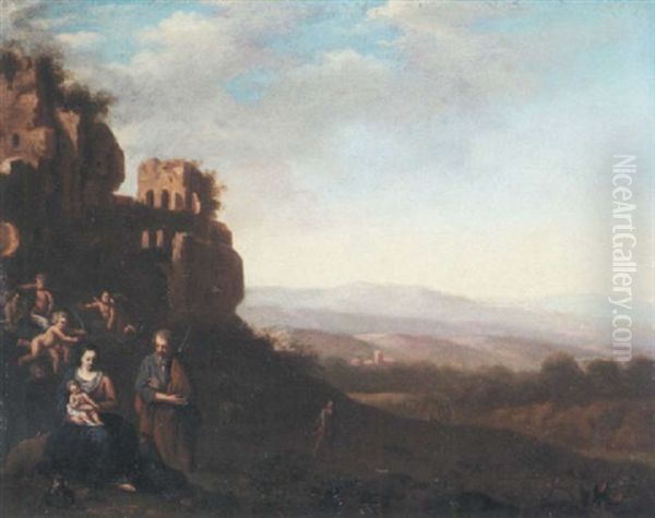 An Italianate Landscape With The Holy Family Before Ruins Oil Painting by Cornelis Van Poelenburgh