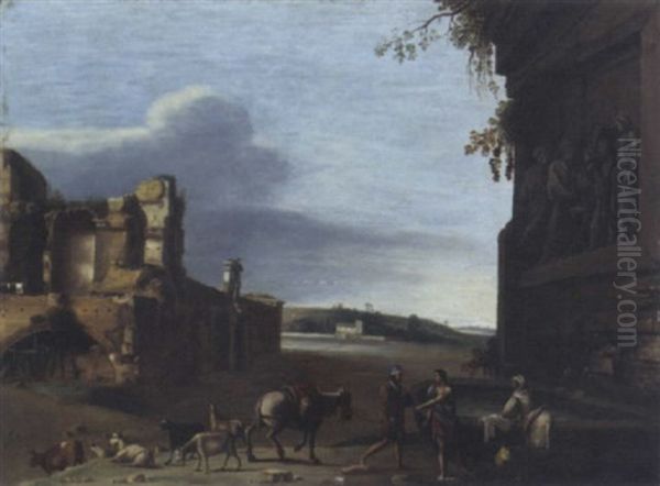 Figures Among The Roman Ruins Oil Painting by Cornelis Van Poelenburgh