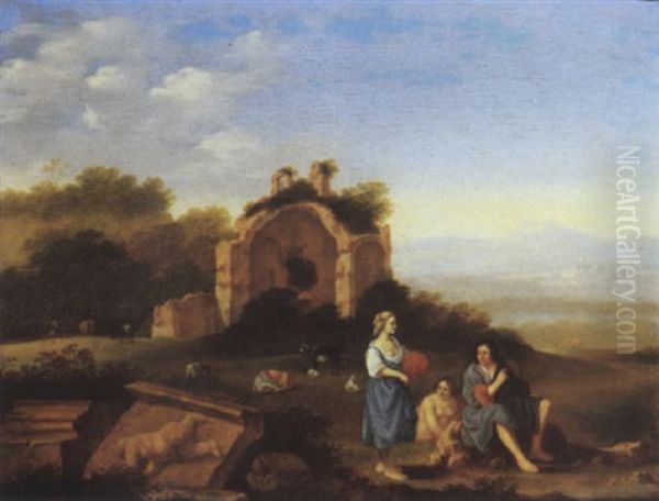 An Italianate Landscape With Peasants And Cattle By Classical Ruins by Cornelis Van Poelenburgh