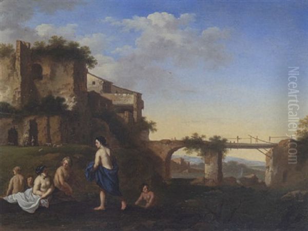 Badende Frauen An Einem Wasserlauf Oil Painting by Cornelis Van Poelenburgh