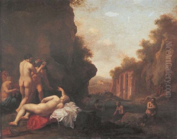 Diana And Her Nymphs Bathing, Surprised By Actaeon by Cornelis Van Poelenburgh