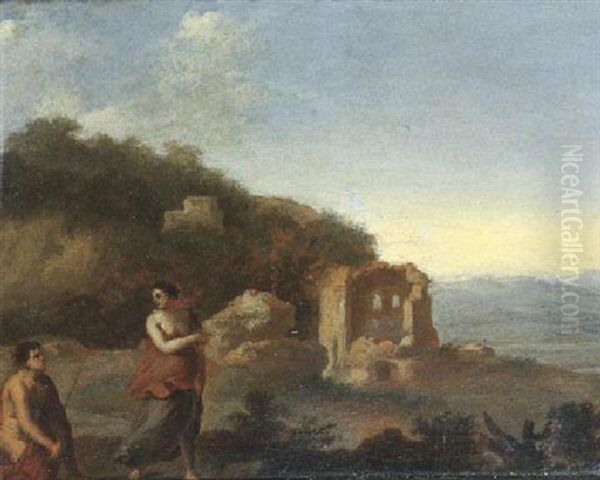 An Italianate Landscape With Figures In The Foreground, Classical Ruins Beyond Oil Painting by Cornelis Van Poelenburgh