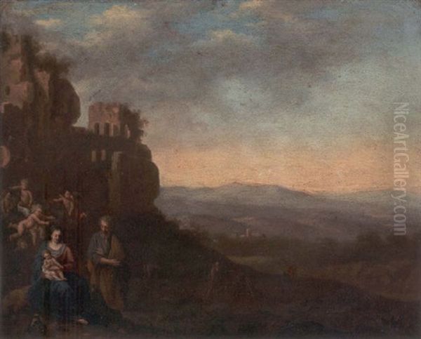 An Italianate Landscape With The Rest On The Flight Into Egypt Oil Painting by Cornelis Van Poelenburgh