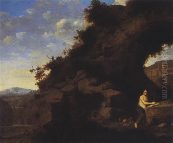 The Pentitent Magdalene In A Rocky Landscape by Cornelis Van Poelenburgh