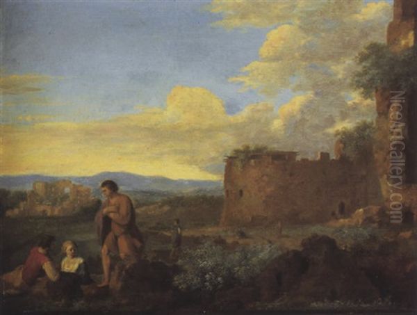 Shepherds Resting In An Arcadian Landscape Oil Painting by Cornelis Van Poelenburgh