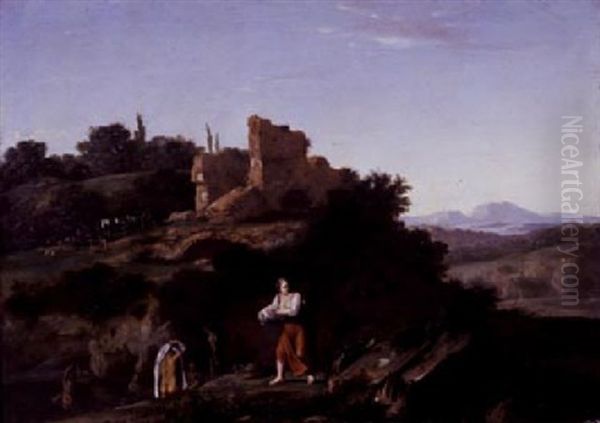 Washerwomen In A Southern Landscape Oil Painting by Cornelis Van Poelenburgh