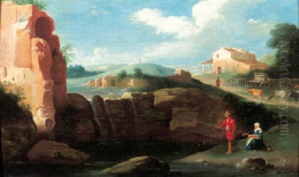 An Angler By A Lake In An Italiante Landscape Oil Painting by Cornelis Van Poelenburgh