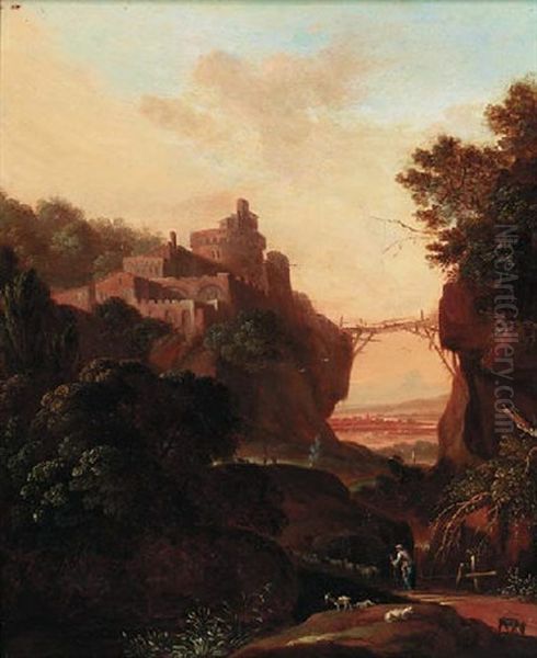 An Extensive Landscape With A Clifftop Over A Gorge Oil Painting by Cornelis Van Poelenburgh