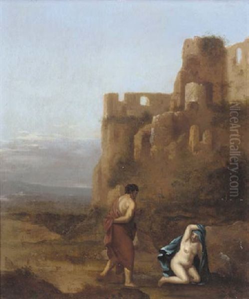 Classical Figures Before A Ruin Oil Painting by Cornelis Van Poelenburgh