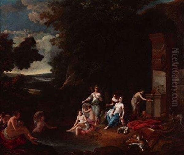 Diana Mit Ihrem Gefolge Bei Der Rast In Bewaldeter Fluslandschaft Oil Painting by Cornelis Van Poelenburgh