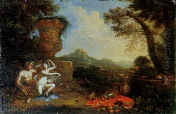 Venus And Bacchus In An Extensive Landscape Oil Painting by Cornelis Van Poelenburgh