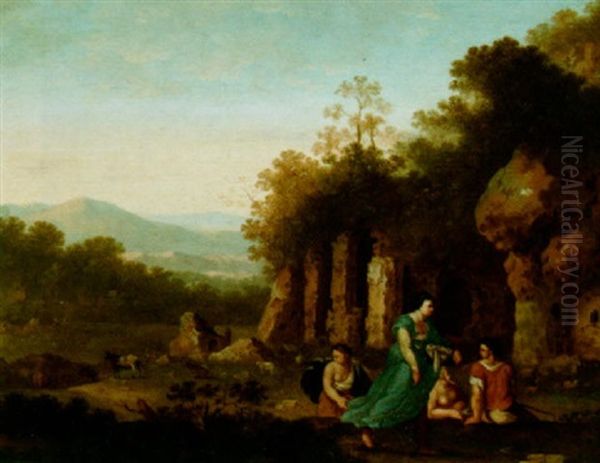 An Arcadian Landscape With A Shepherd And Nymphs Near Rocks Oil Painting by Cornelis Van Poelenburgh