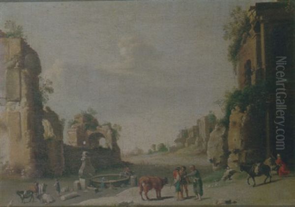 A Southern Landscape With Drovers And Their Cattle Resting Before A Set Of Ruins Oil Painting by Cornelis Van Poelenburgh