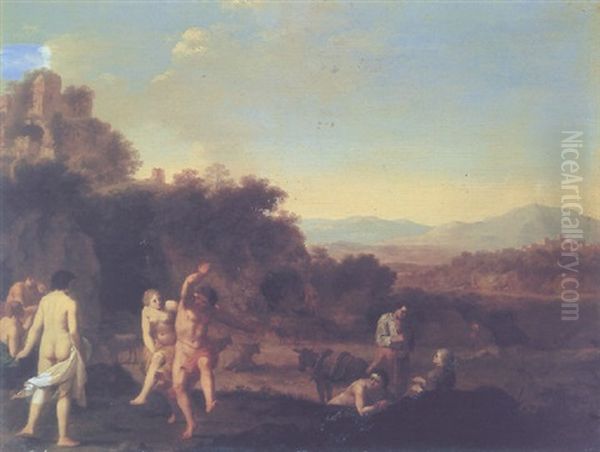 An Italianate Landscape With Figures Dancing Oil Painting by Cornelis Van Poelenburgh