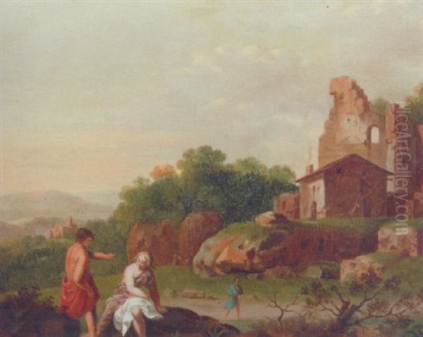 A Nymph And A Shepherd By Classical Ruins, In An Italianate Landscape Oil Painting by Cornelis Van Poelenburgh