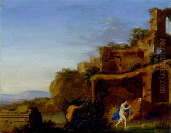 Pan And Syrinx Before The Ruins Of The Palatine Oil Painting by Cornelis Van Poelenburgh