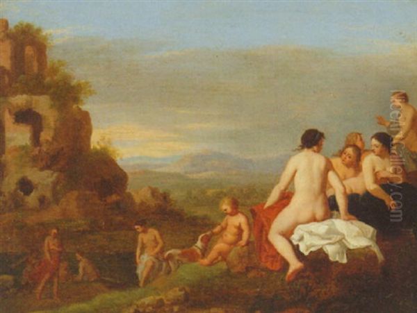 Nymphs Bathing In A Rocky Italianate Landscape Oil Painting by Cornelis Van Poelenburgh