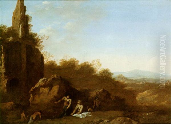 A River Landscape With Figures Bathing In Front Of A Set Of Ruins Oil Painting by Cornelis Van Poelenburgh