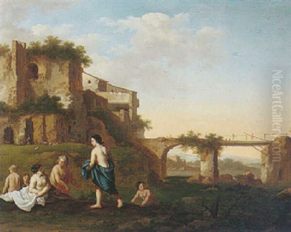 Nymphs Bathing In An Italianate Landscape Oil Painting by Cornelis Van Poelenburgh