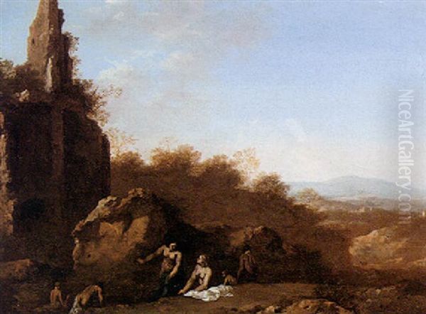 River Landscape With Figures Bathing In Front Of A Set Of Ruins Oil Painting by Cornelis Van Poelenburgh