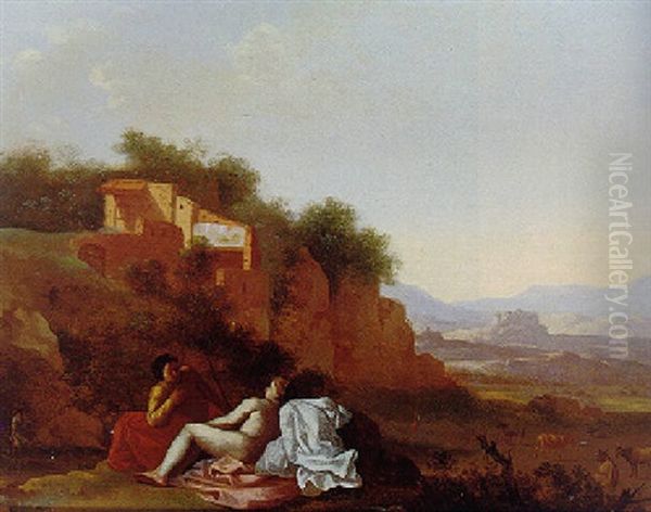 Figures In An Arcadian Landscape Oil Painting by Cornelis Van Poelenburgh