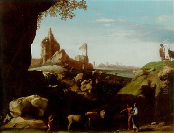 A Herdsman Watering Cattle At A Pool By An Outcrop, Peasants And Goatherds By Ruins Nearbly, Town Beyond Oil Painting by Cornelis Van Poelenburgh