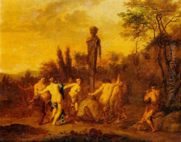 Satyrs And Nymphs Dancing Round A Statue Of Pan Oil Painting by Cornelis Van Poelenburgh