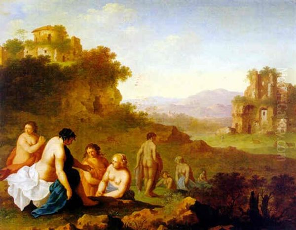 Bathers In An Italianate Landscape With Ruins Oil Painting by Cornelis Van Poelenburgh