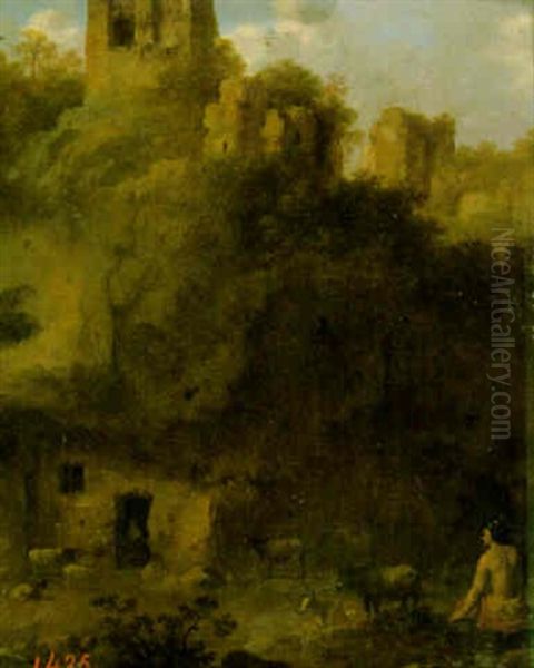 Herdinna Vid Klassiska Ruiner Oil Painting by Cornelis Van Poelenburgh