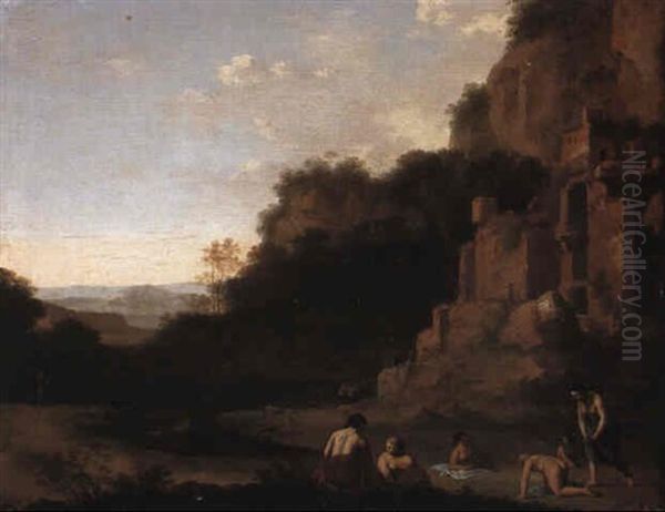 Nymphs Bathing In A Pool By Classical Ruins Oil Painting by Cornelis Van Poelenburgh