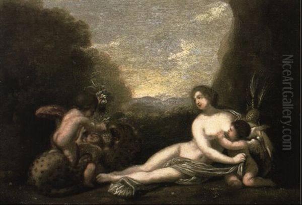 Venus And Cupid Playing With A Leopard Oil Painting by Cornelis Van Poelenburgh