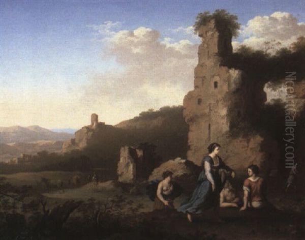 Campagnan Landscape With Peasant Women Carrying Baskets Of Washing Oil Painting by Cornelis Van Poelenburgh