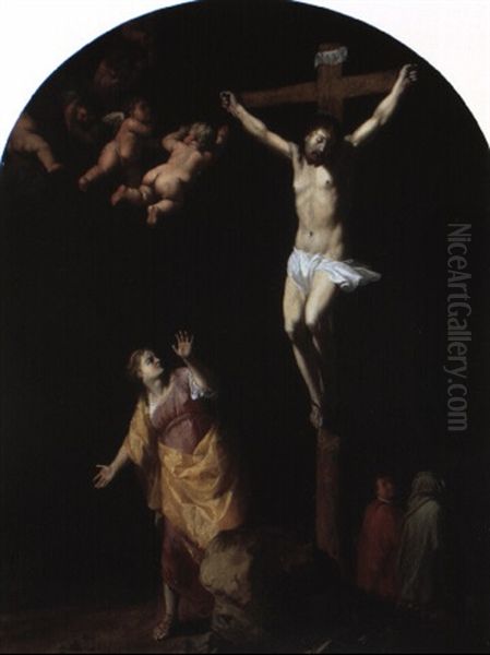 Christ On The Cross With St. Mary Magdalen, St. John And The Virgin Oil Painting by Cornelis Van Poelenburgh