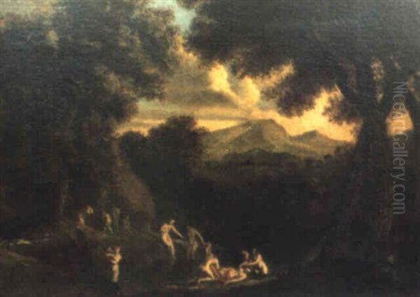 Badande Kvinnor I Italienskt Landskap Oil Painting by Cornelis Van Poelenburgh