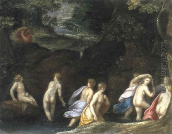 Aktaion Belauscht Diana Und Ihre Nymphen Beim Bade Oil Painting by Cornelis Van Poelenburgh