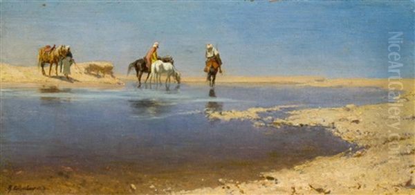 Araber Mit Pferden Am Wasser Oil Painting by Robert Poetzelberger