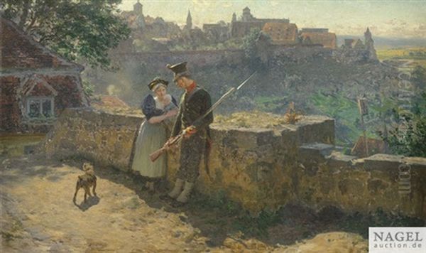 Friede Im Lande. Schildwache In Unterhaltung Mit Einer Frau, Die Ein Kind Auf Den Armen Tragt Oil Painting by Robert Poetzelberger