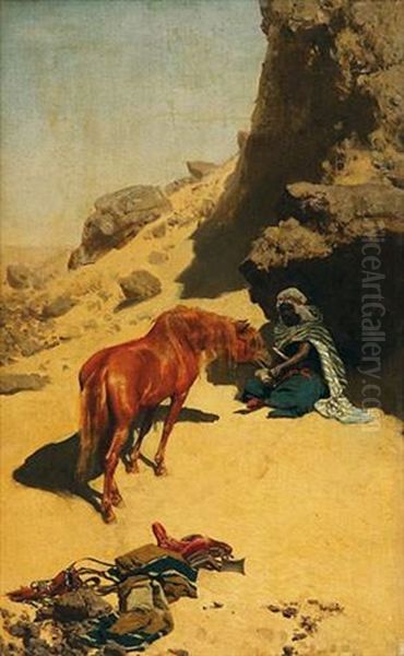 Le Ravitaillement, Nomade Et Cheval Arabe Dans Le Desert Oil Painting by Robert Poetzelberger